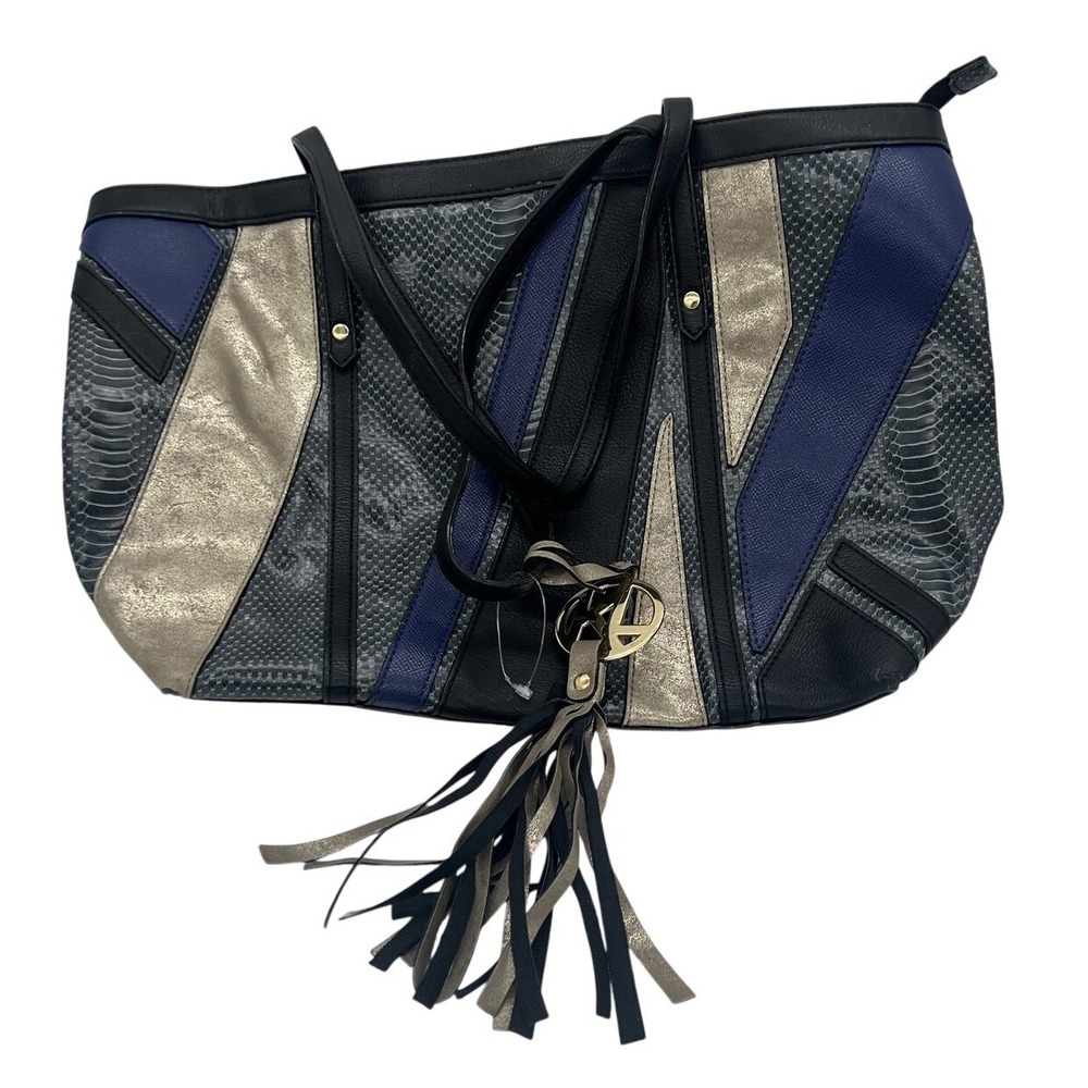 Kate Landry Large Tote Bag Snakeskin Print Metallic Blue Black Geometric Handbag